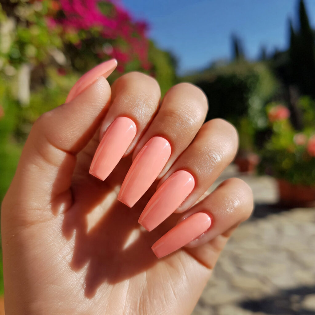 Pink Coffin Nails: 14 Dreamy & Trendy Designs You’ll Love 12 attractive peachy pink coffin nails with outdoor b