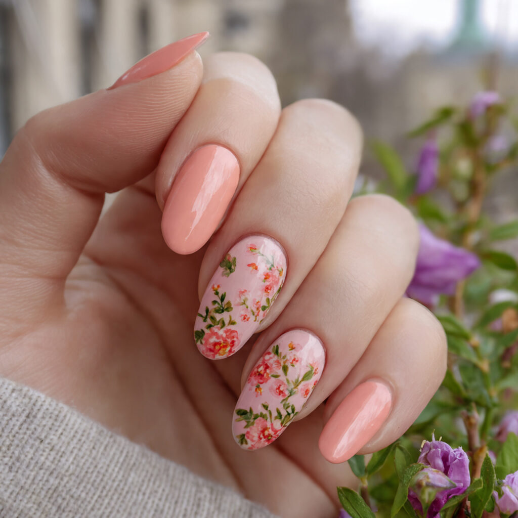 Pink Flower Nails: 14 Dreamy Designs You’ll Want to Save 14 attractive peachy pink floral nails with outdoor b