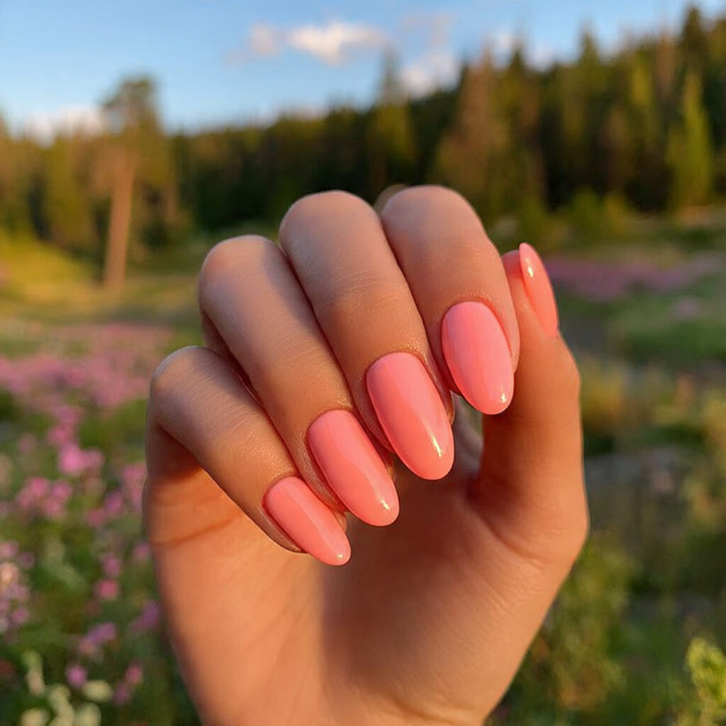 Pink Prom Nails: Dreamy, Glam & Unforgettable Looks for Your Big Night 9 attractive peachy pink glow nails with outdoor bac