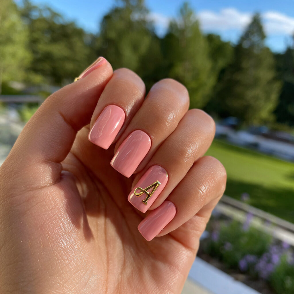 Nail Inspo with Initial: Personal, Pretty & Totally Your Vibe 9 attractive peachy pink nails with gold initial wit