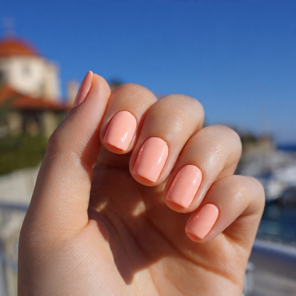 Short Nails Inspo Aesthetic: Cute, Clean & Effortlessly Pretty Ideas 7 attractive peachy short nails outdoor background
