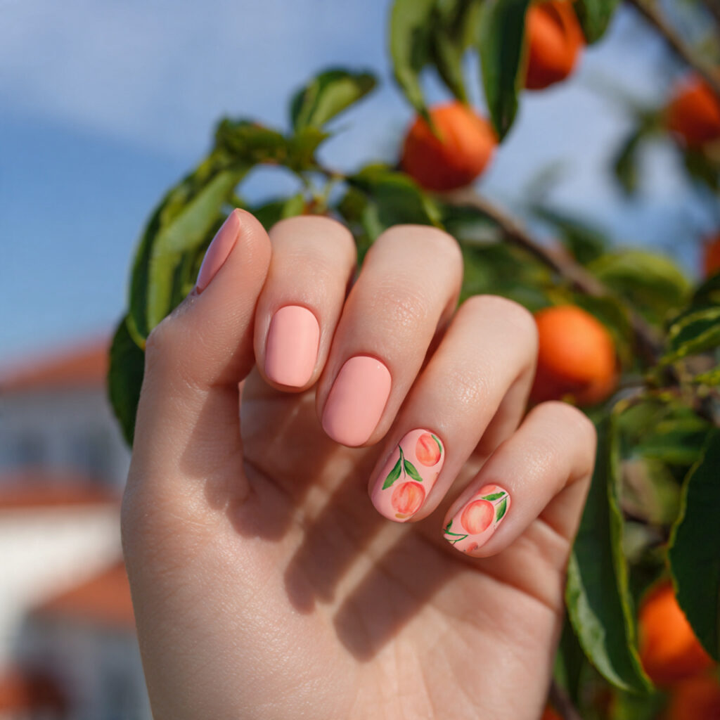 Extra Short Nails: Minimal, Cute & Effortlessly Chic 9 attractive peachy short nails with outdoor backgro