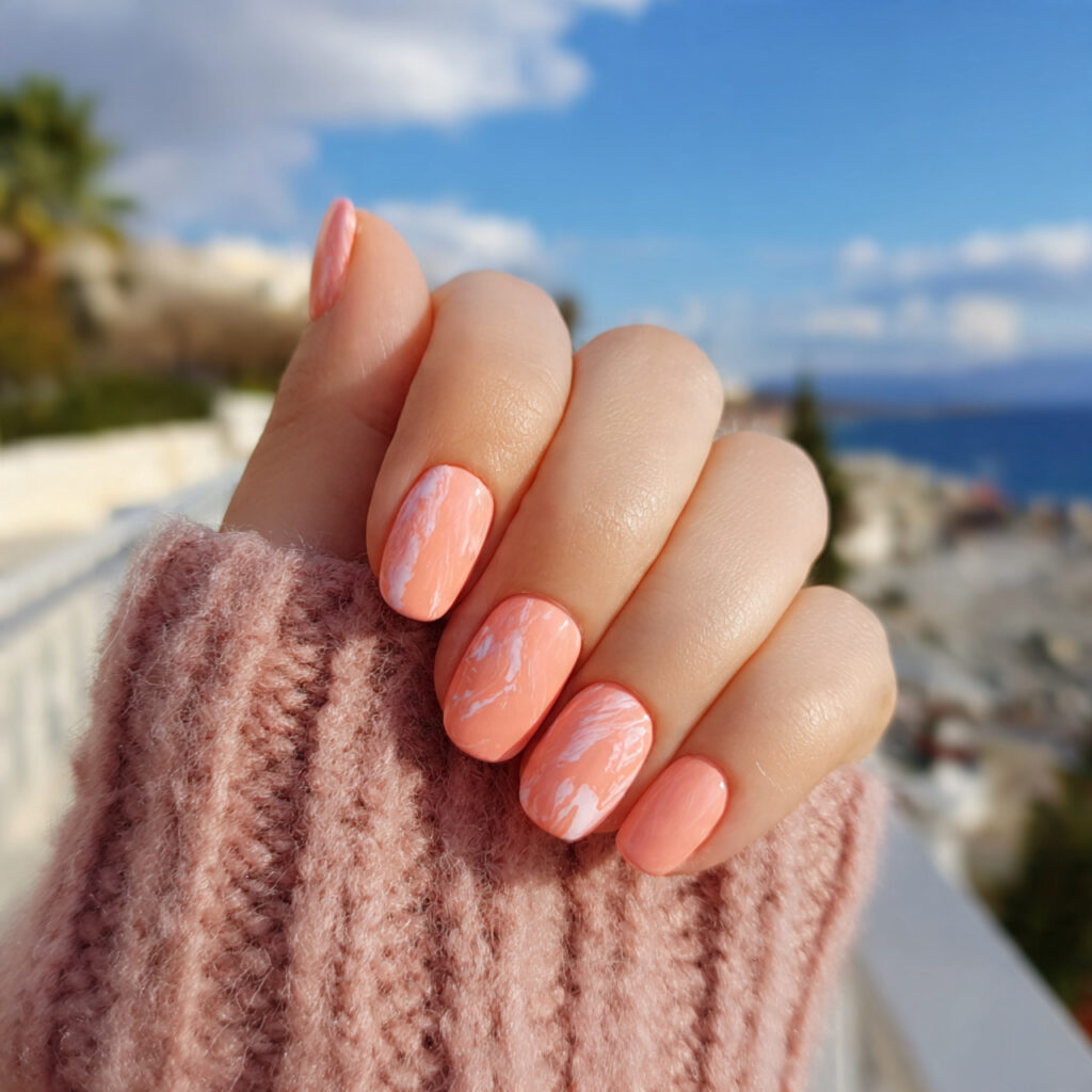 Short Nails Ideas Simple: 14 Cute & Effortless Looks You’ll Love 14 attractive peachy short nails with outdoor backgro 2
