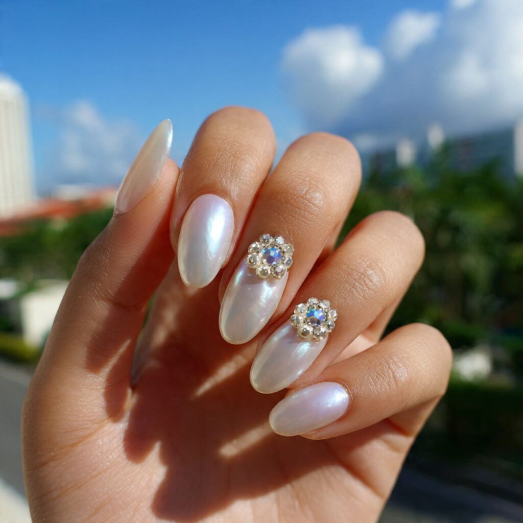 attractive pearl accent classy nails with outdoor