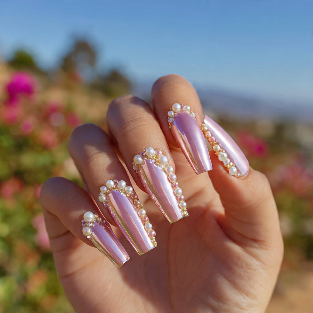 Nail Inspo Maximalist: Bold, Extra & Unapologetically Glam 8 attractive pearl chrome combo nails with outdoor b