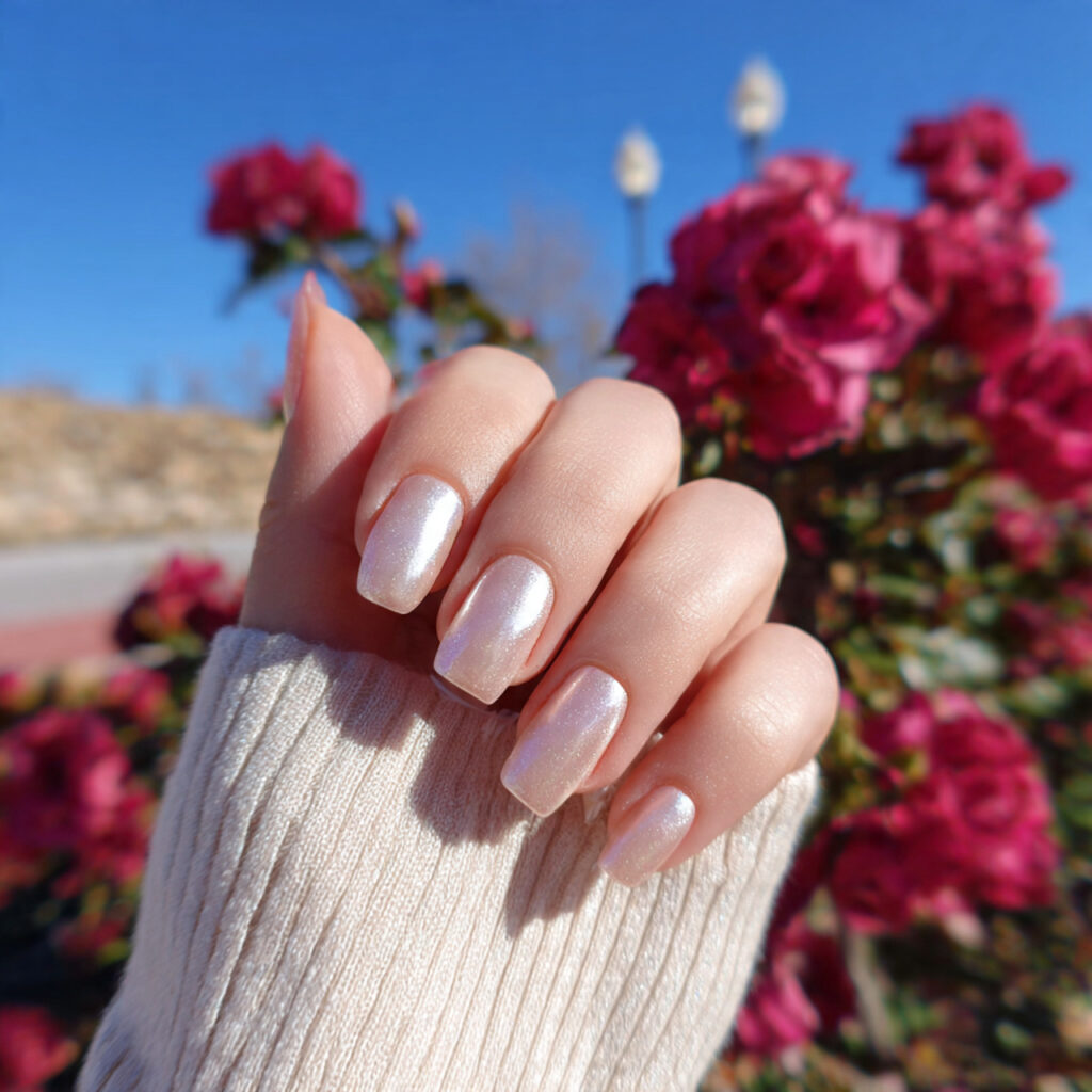attractive pearl finish squoval nails with outdoor