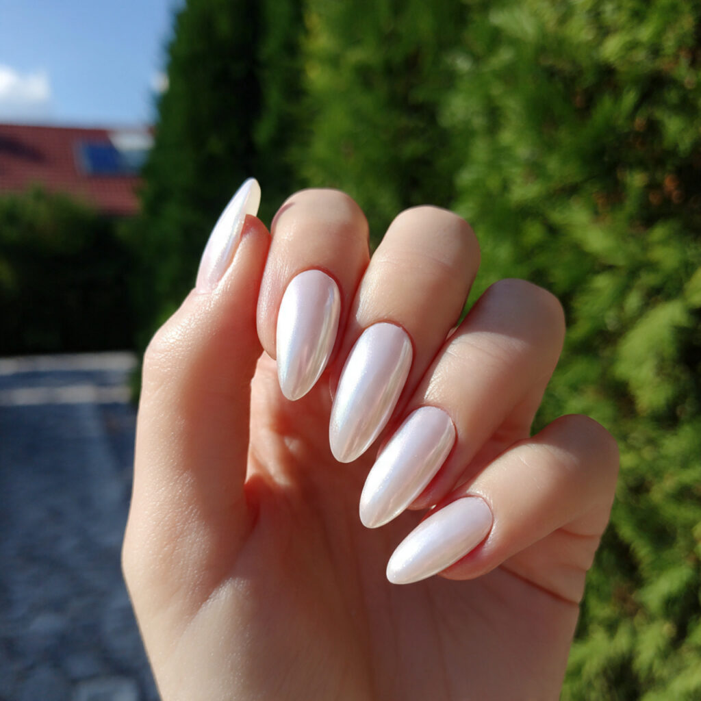 attractive pearl white almond nails with outdoor b