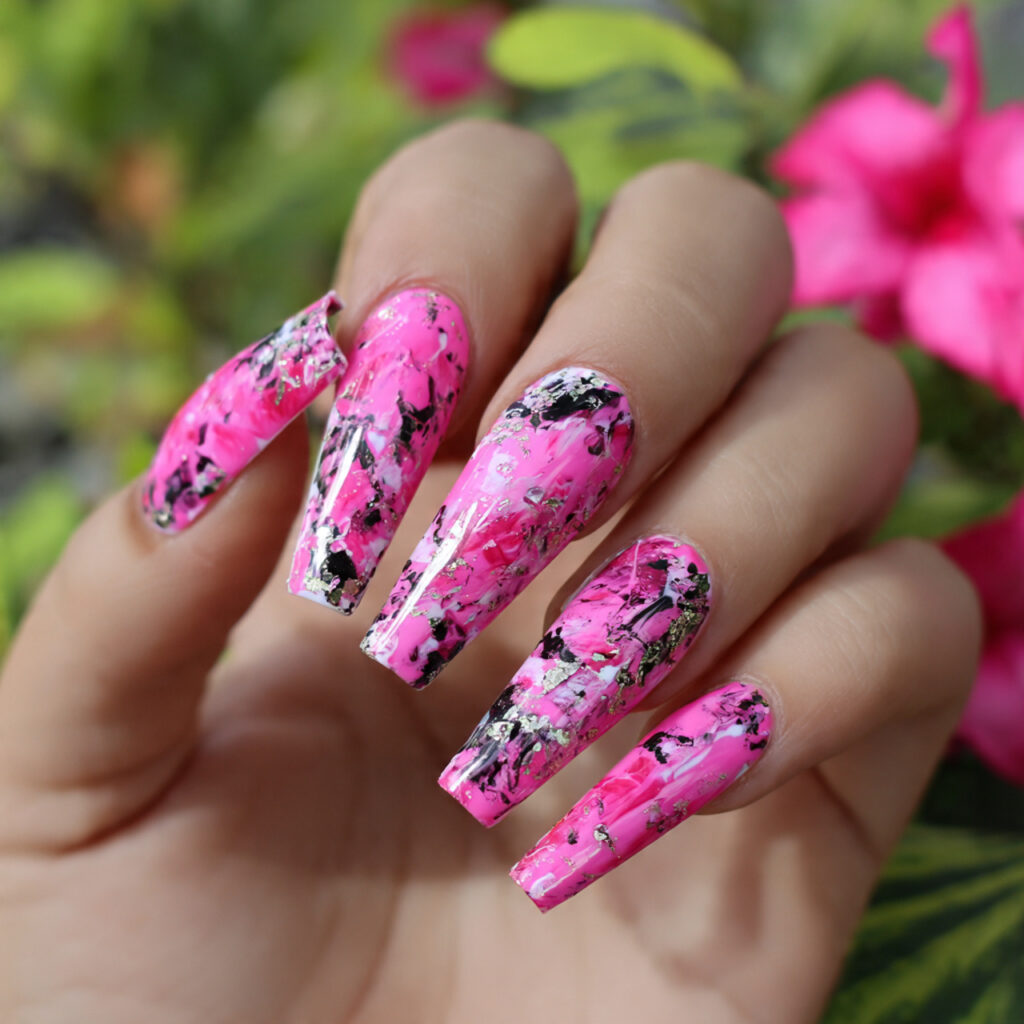 Pink Coffin Nails: 14 Dreamy & Trendy Designs You’ll Love 5 attractive pink abstract coffin nails with outdoor