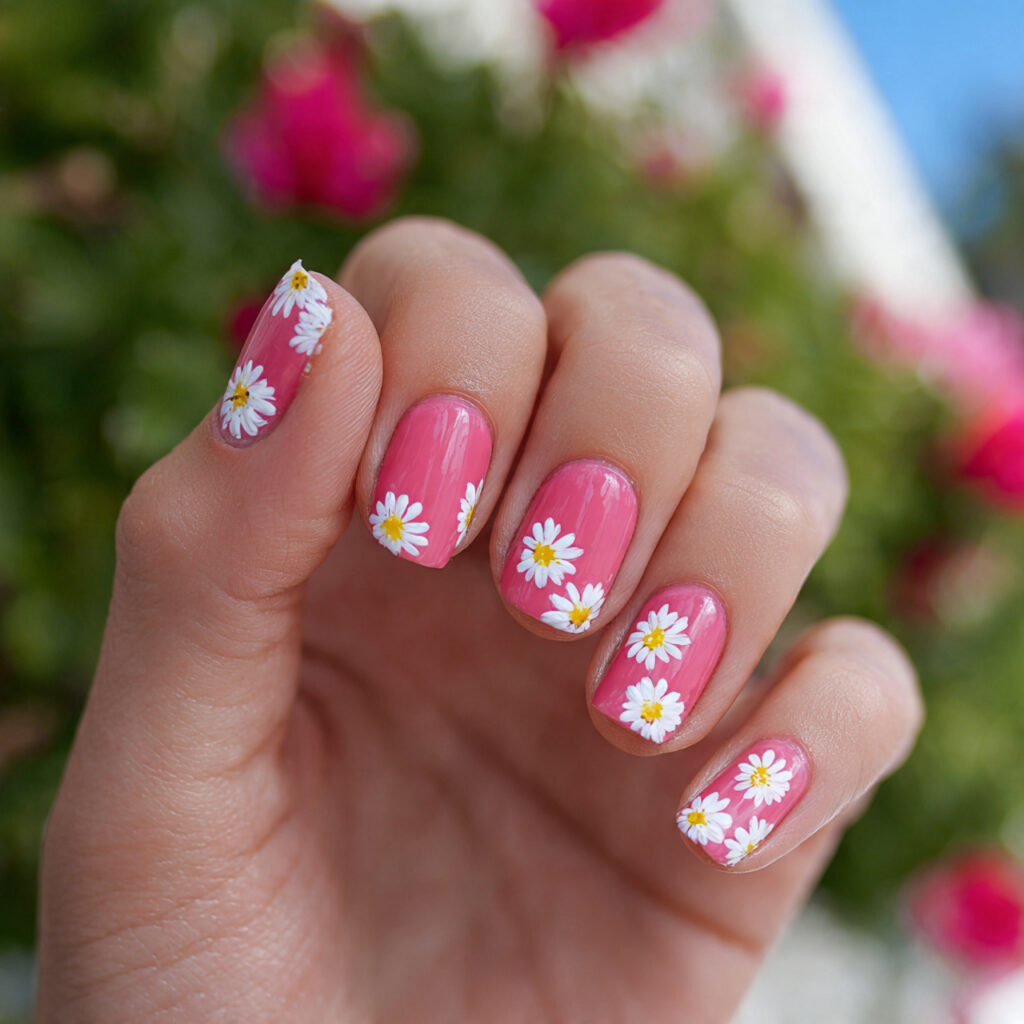 attractive pink and white daisy nails with outdoor 1