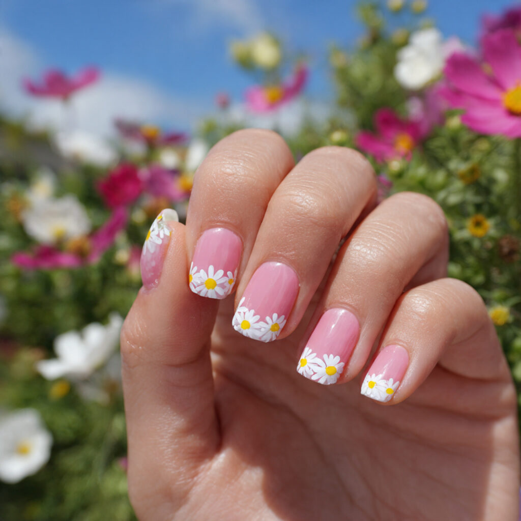 White and Pink Nails: 14 Soft, Dreamy Designs You’ll Want to Copy 6 attractive pink and white daisy nails with outdoor