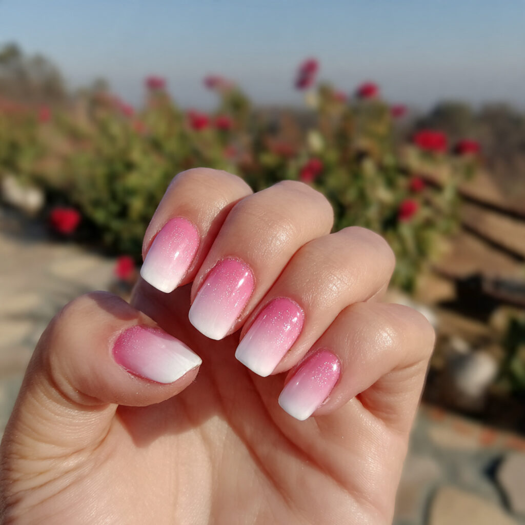 attractive pink and white ombre nails with outdoor