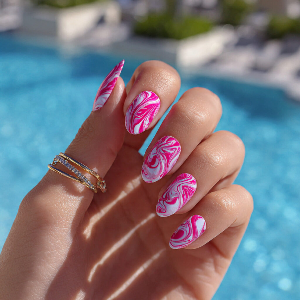Pink Gel Nails: 12 Glossy, Dreamy & Totally Addictive 12 attractive pink and white swirl gel nails outdoor