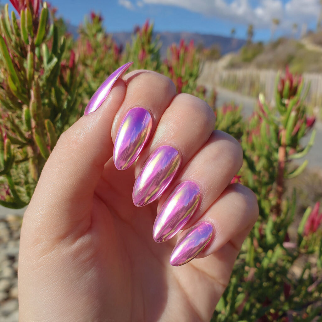 Nail Inspo Chrome: Glossy, Glazed & Next-Level Aesthetic Looks 4 attractive pink aura chrome nails with outdoor bac