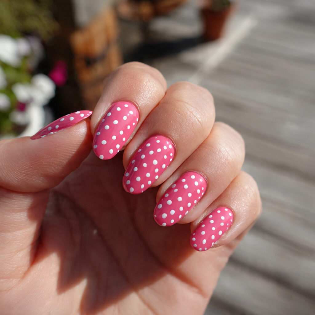 attractive pink base with white dot nails with out 1