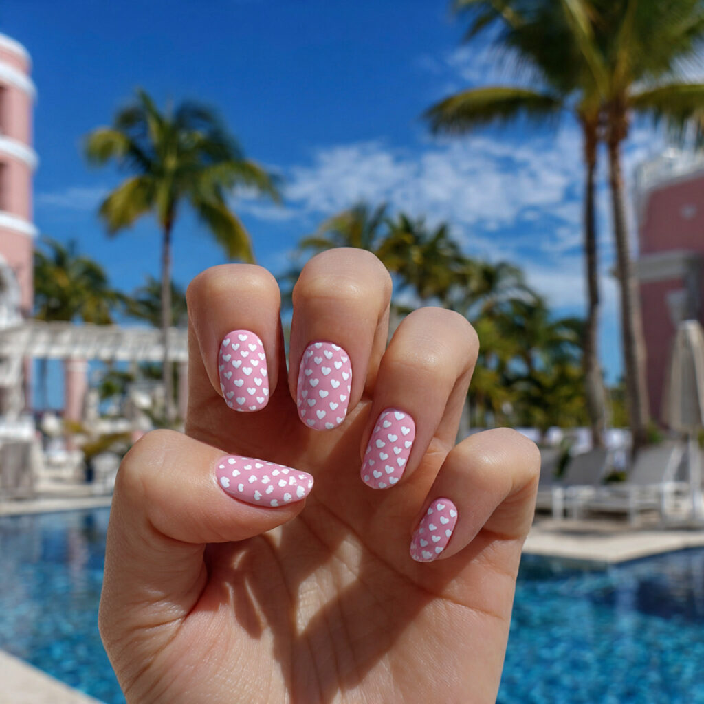 attractive pink base with white hearts nails with