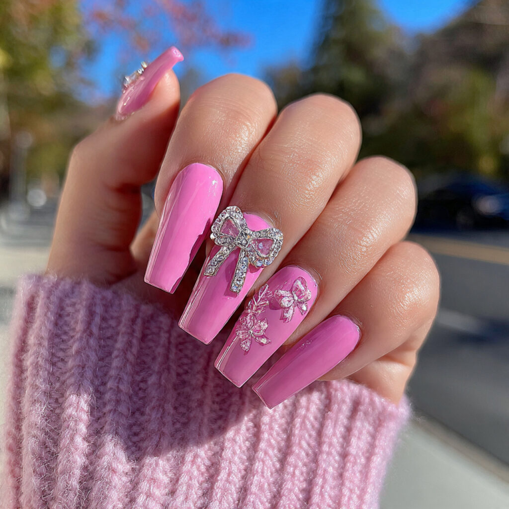 Pink Gel Nails: 12 Glossy, Dreamy & Totally Addictive 11 attractive pink bow accent gel nails outdoor backg