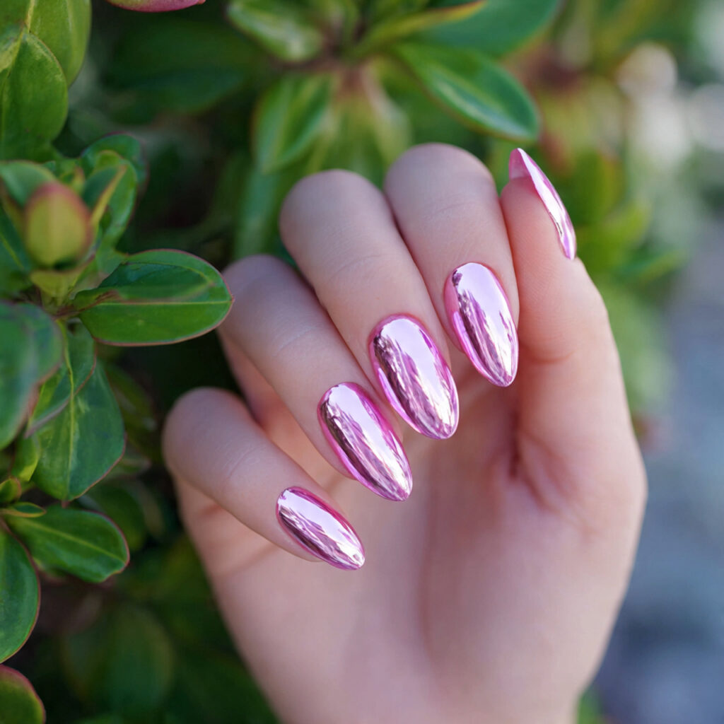 attractive pink chrome almond nails with outdoor b 1