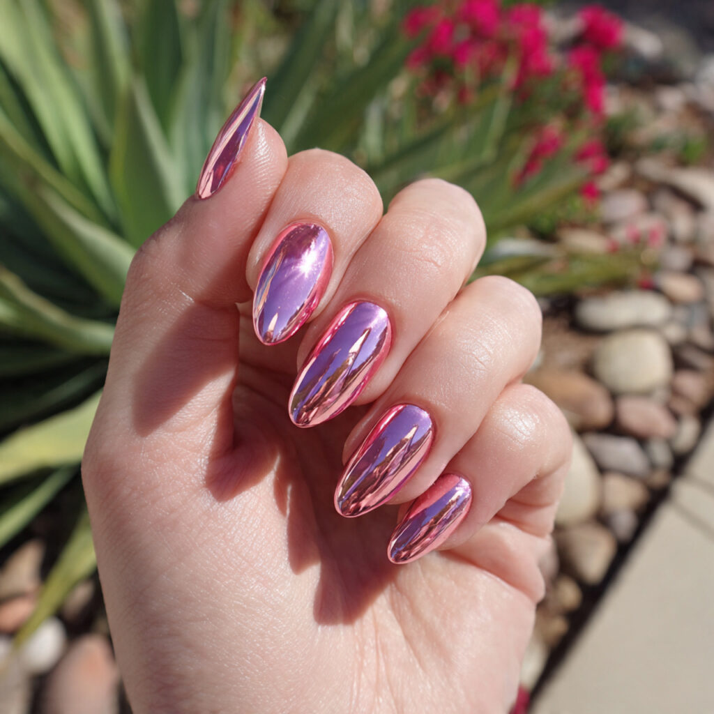 attractive pink chrome almond nails with outdoor b