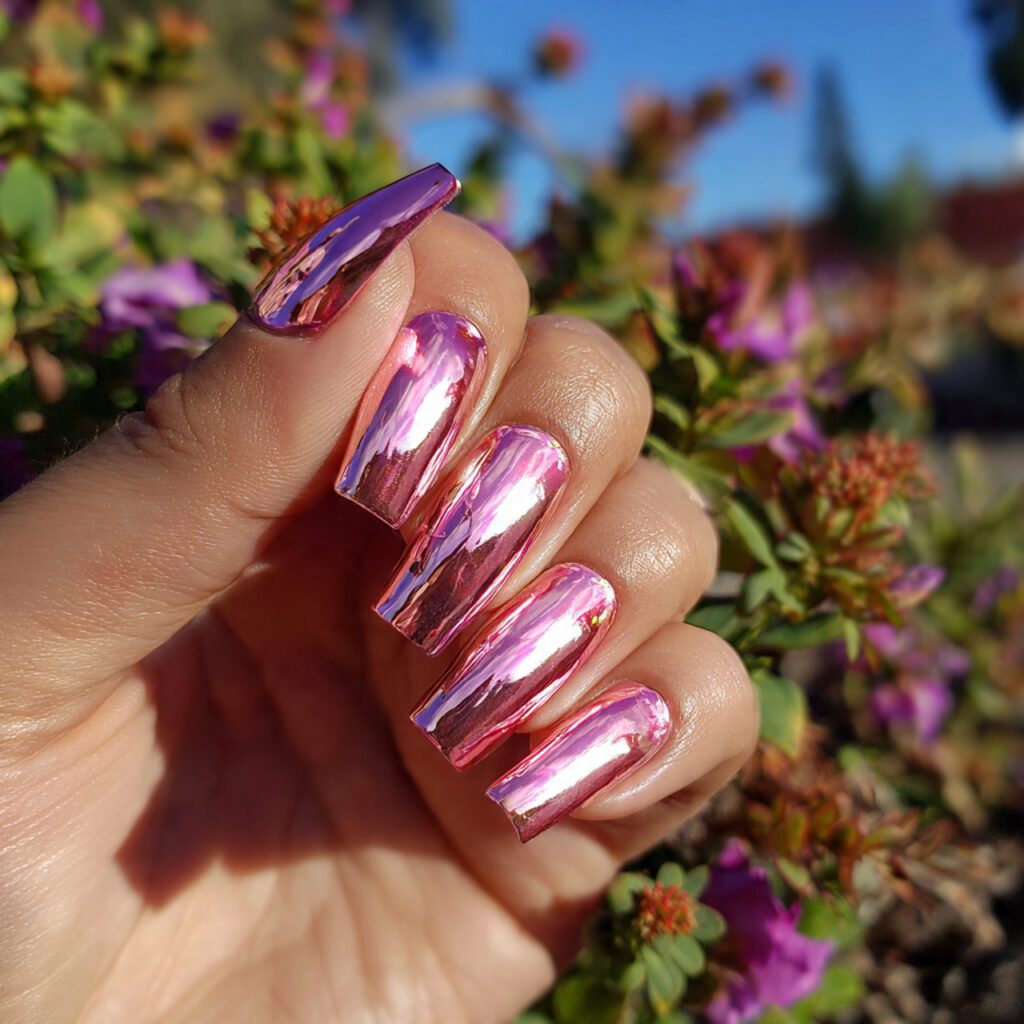 Nail Inspo Baddie: Bold, Glossy Looks That Own the Room 5 attractive pink chrome baddie nails with outdoor b