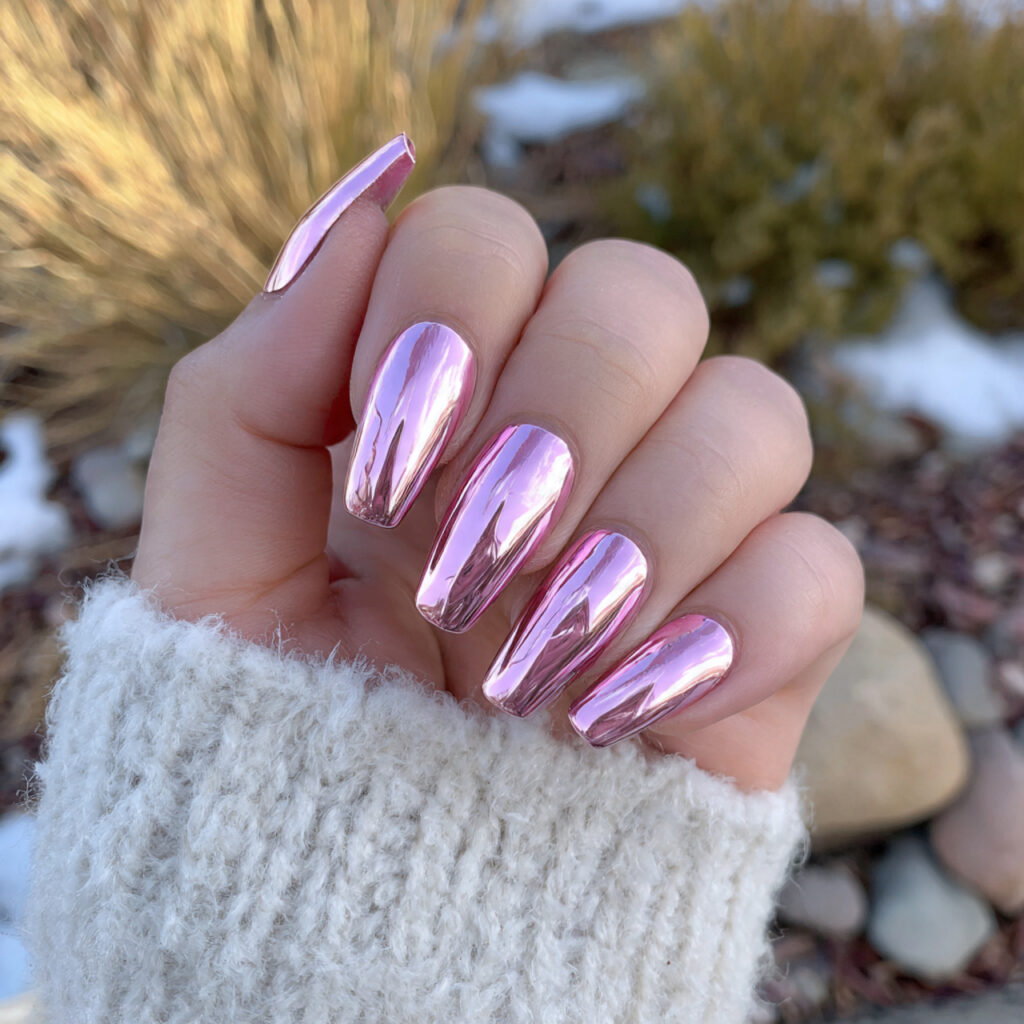 Pink Coffin Nails: 14 Dreamy & Trendy Designs You’ll Love 6 attractive pink chrome coffin nails with outdoor b