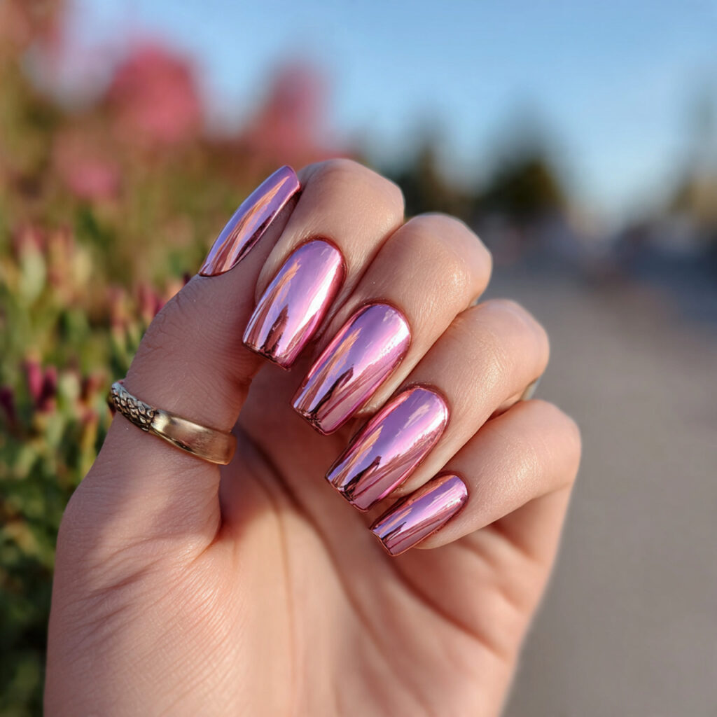 Pink Spring Nails: Soft, Fresh Designs You’ll Want to Save 7 attractive pink chrome glazed nails with outdoor b 1