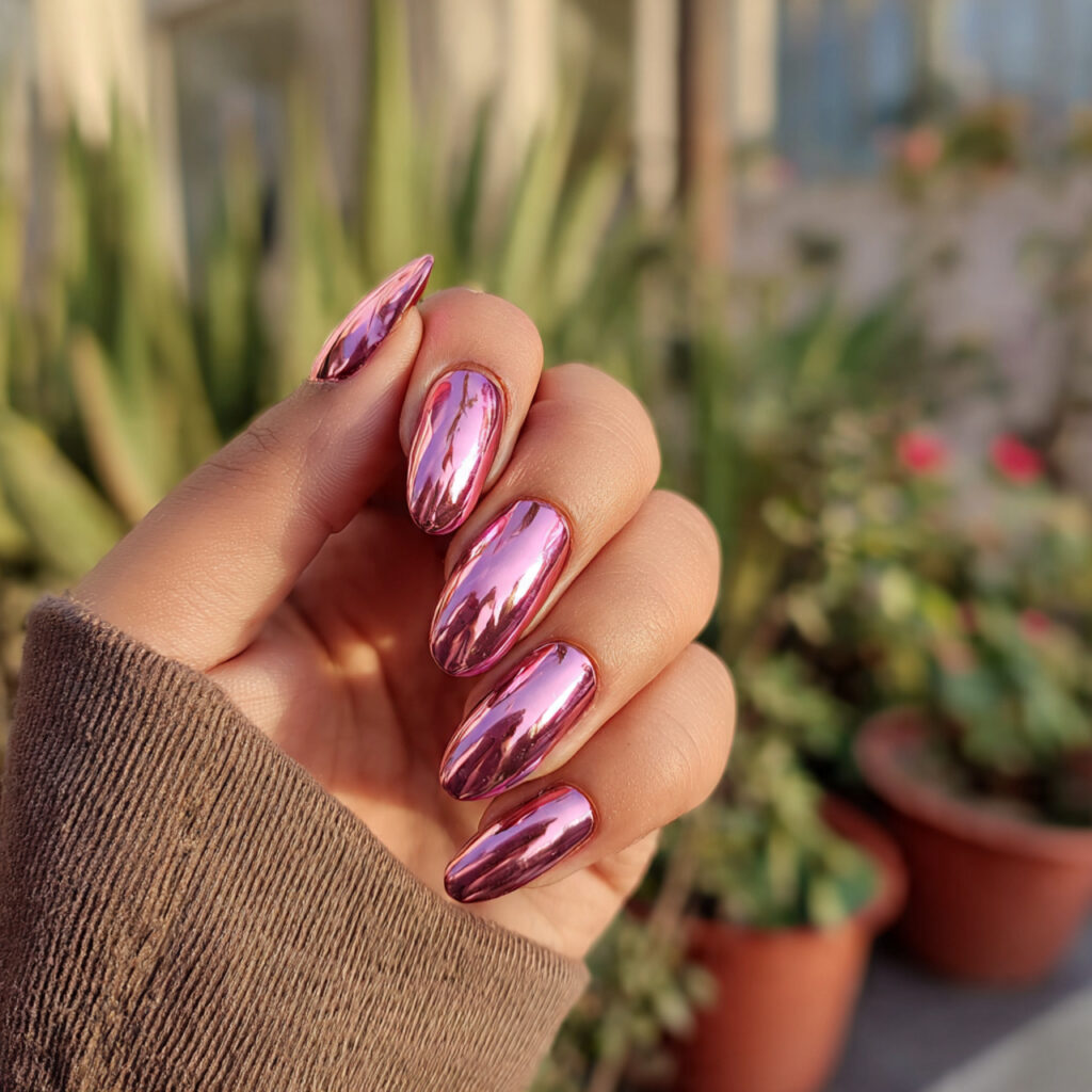 Pink Gel Nails: 12 Glossy, Dreamy & Totally Addictive 4 attractive pink chrome glazed nails with outdoor b