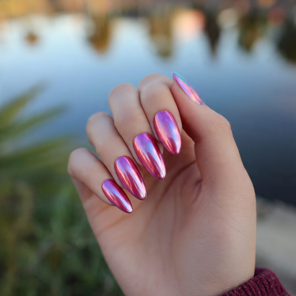 Nails Inspo Pink: The Dreamiest Looks You’ll Want to Copy 7 attractive pink chrome glazed nails with outdoor b 2