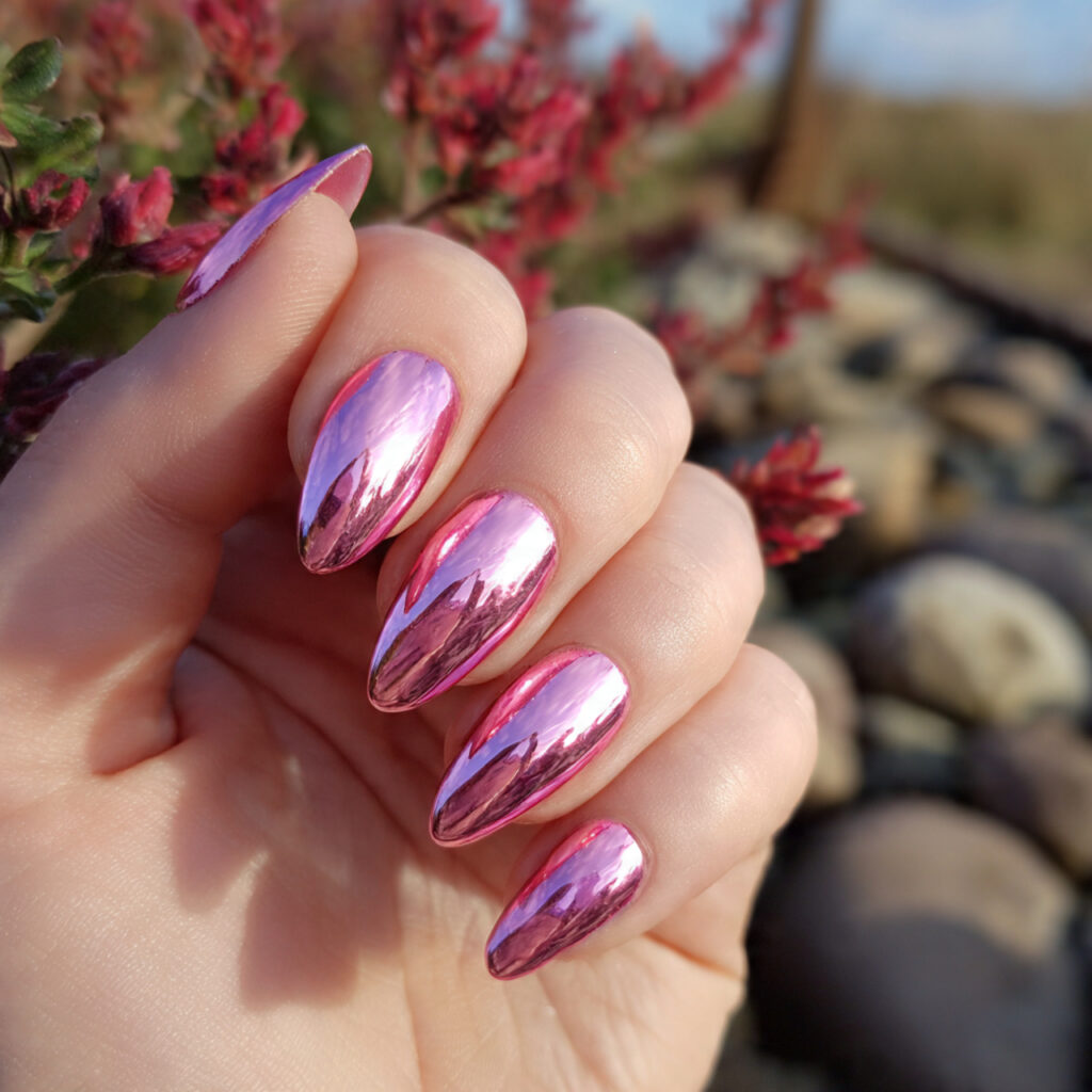 Pink Nude Nails: 12 Soft, Elegant & Effortlessly Addictive 8 attractive pink chrome nails with outdoor backgrou 1