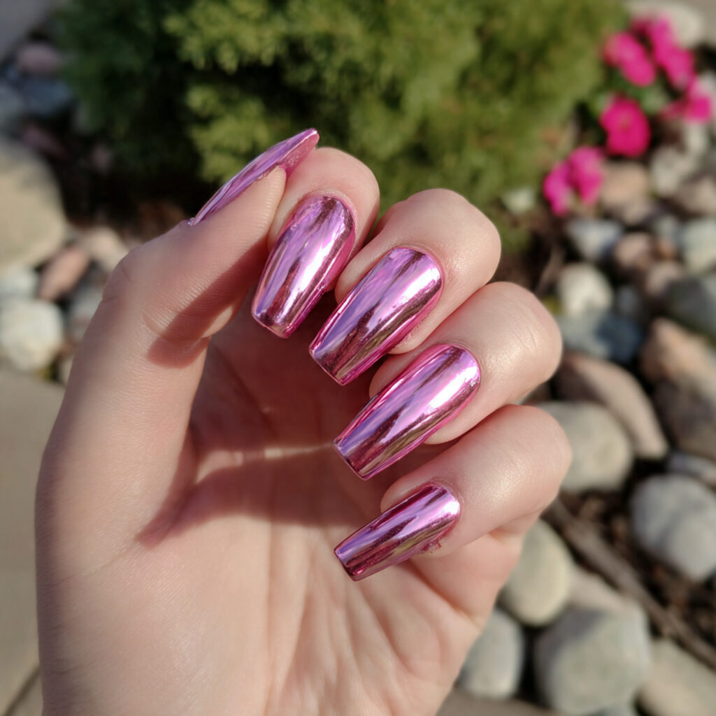 Pink Prom Nails: Dreamy, Glam & Unforgettable Looks for Your Big Night 2 attractive pink chrome prom nails with outdoor bac