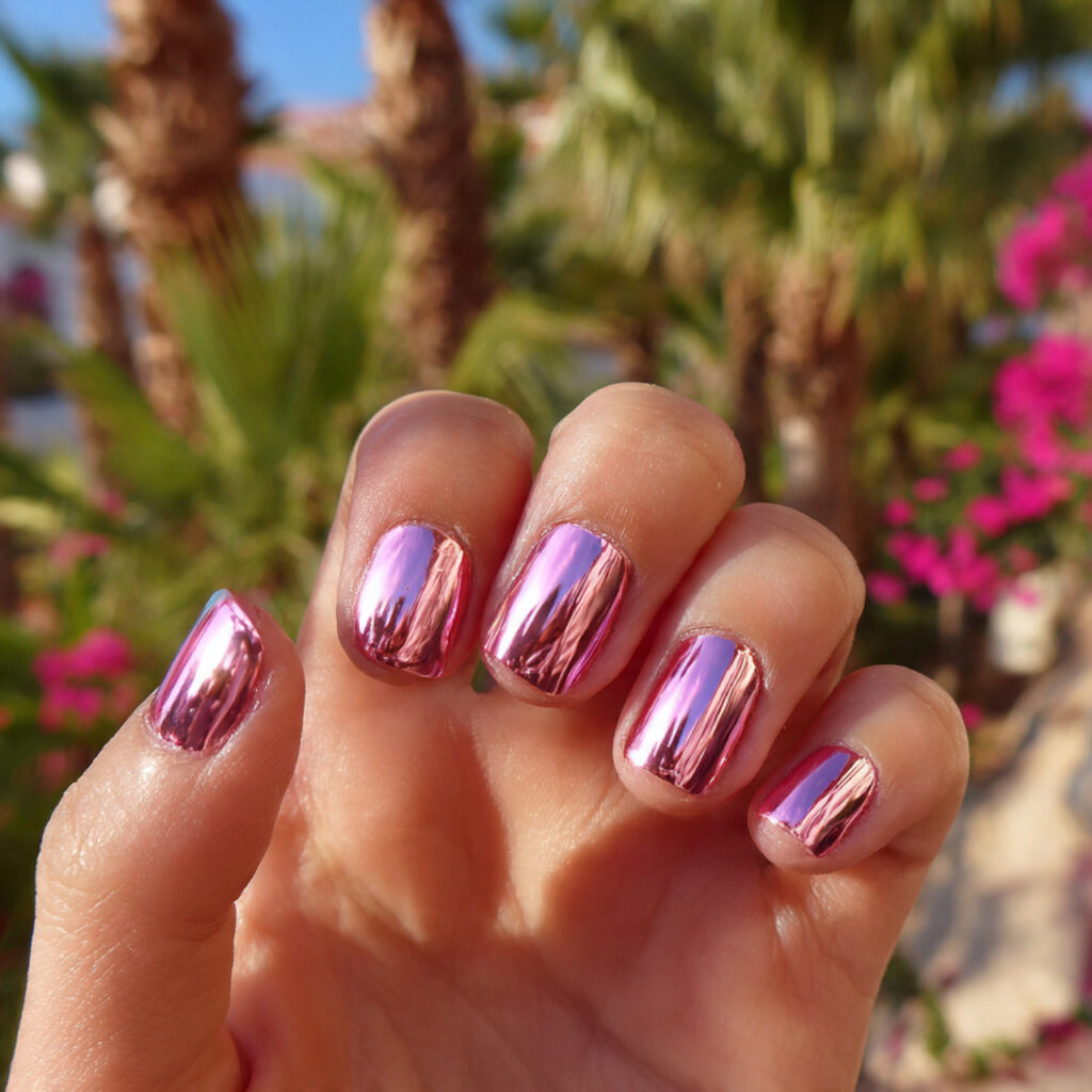 Pink Nails Short Trendy: Cute, Clean & Instantly Pretty 10 attractive pink chrome short nails with outdoor ba