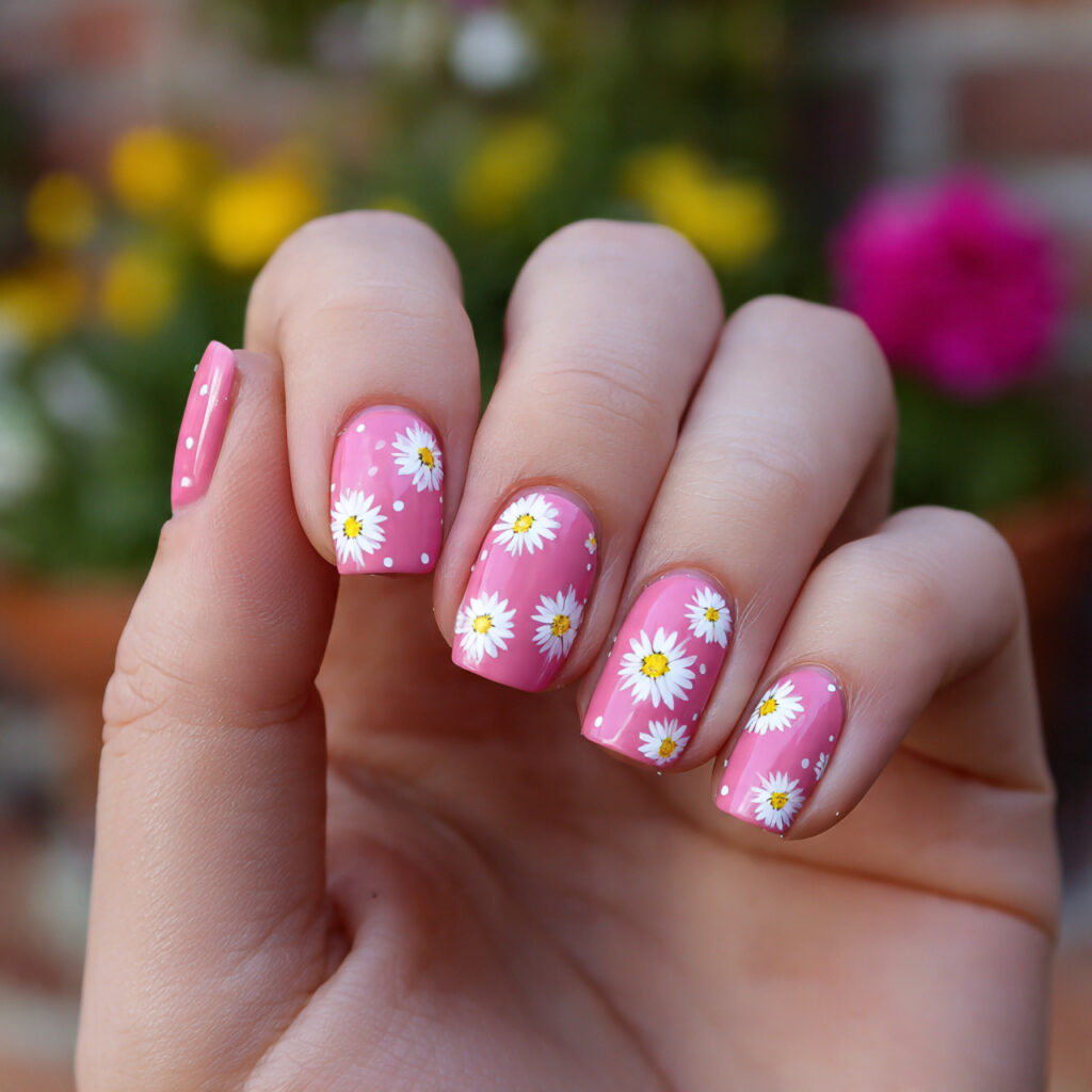Pink Spring Nails: Soft, Fresh Designs You’ll Want to Save 4 attractive pink daisy flower nails with outdoor ba
