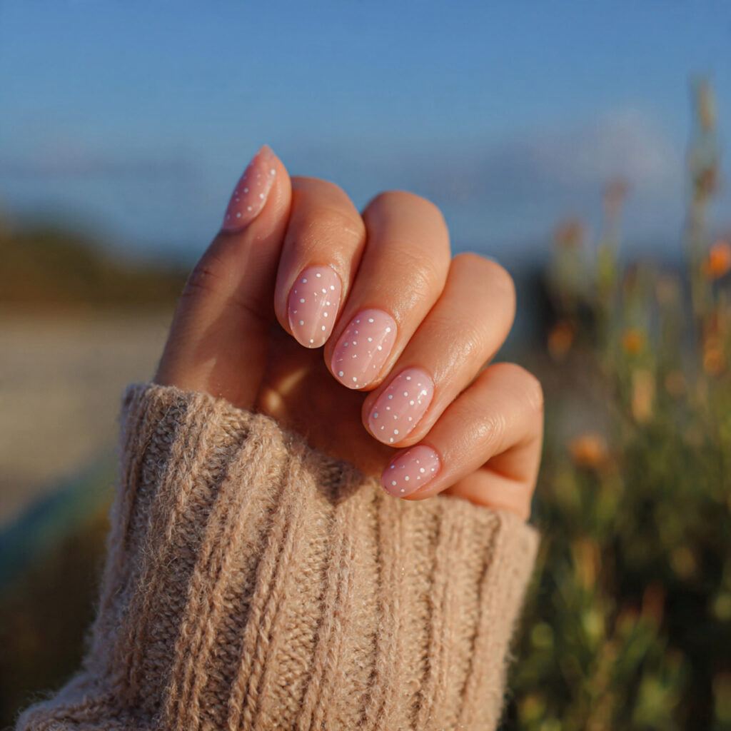 Nails Inspo Pink: The Dreamiest Looks You’ll Want to Copy 13 attractive pink dot minimal nails with outdoor bac 1