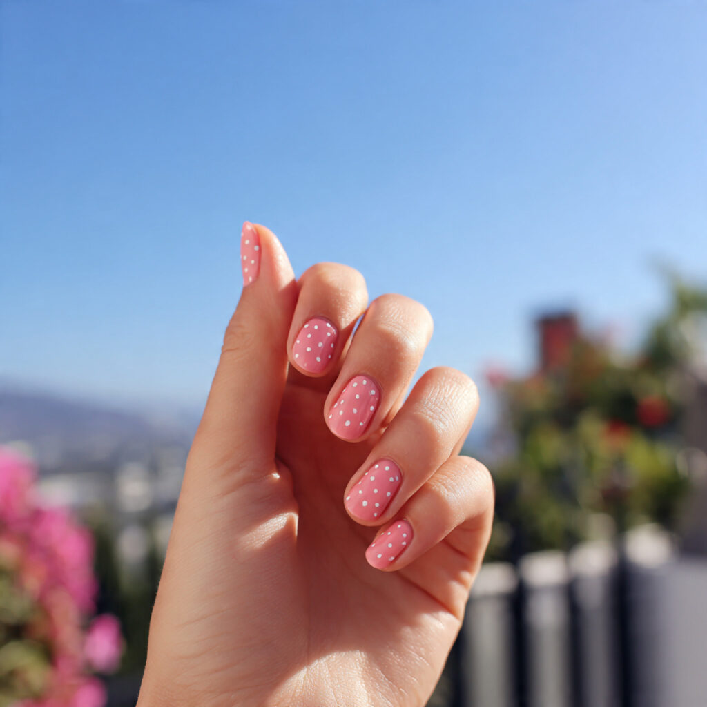 Pink Spring Nails: Soft, Fresh Designs You’ll Want to Save 14 attractive pink dot minimal nails with outdoor bac