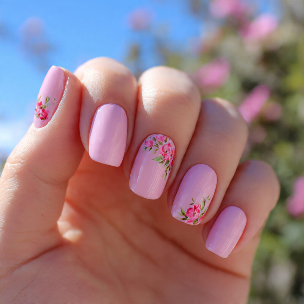 Pink Prom Nails: Dreamy, Glam & Unforgettable Looks for Your Big Night 8 attractive pink floral accent nails with outdoor b 1