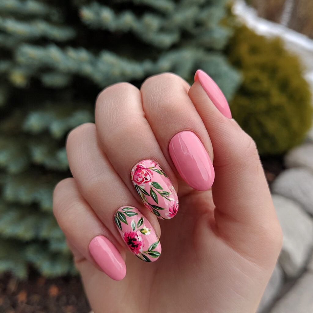 Pink Flower Nails: 14 Dreamy Designs You’ll Want to Save 5 attractive pink floral accent nails with outdoor b