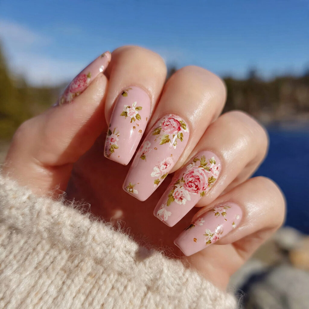 Pink Coffin Nails: 14 Dreamy & Trendy Designs You’ll Love 11 attractive pink floral coffin nails with outdoor b