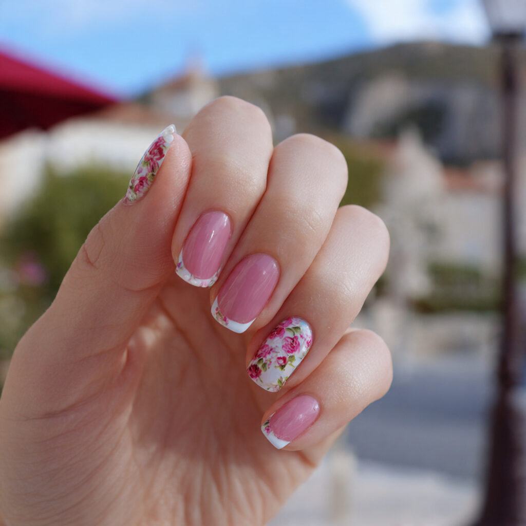 Pink Flower Nails: 14 Dreamy Designs You’ll Want to Save 3 attractive pink french floral nails with outdoor b