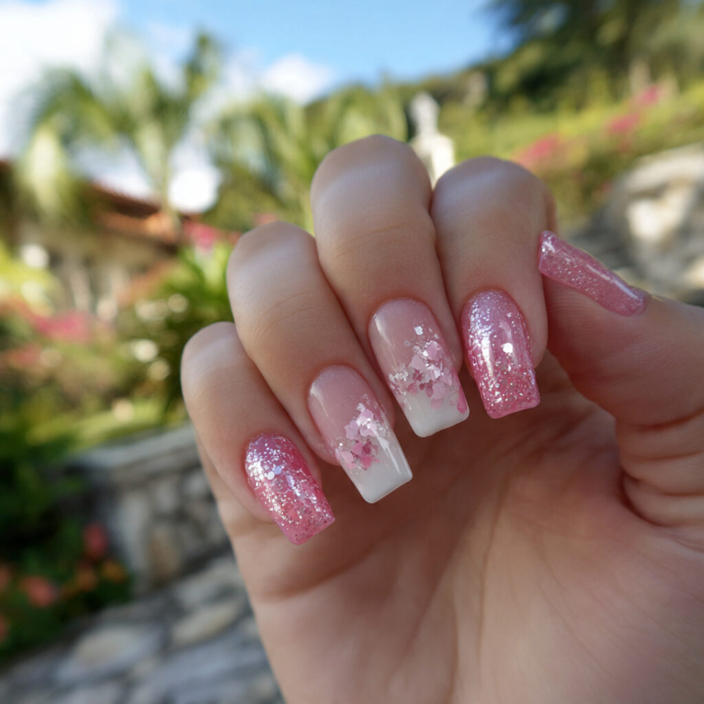 attractive pink glitter and white nails with outdo