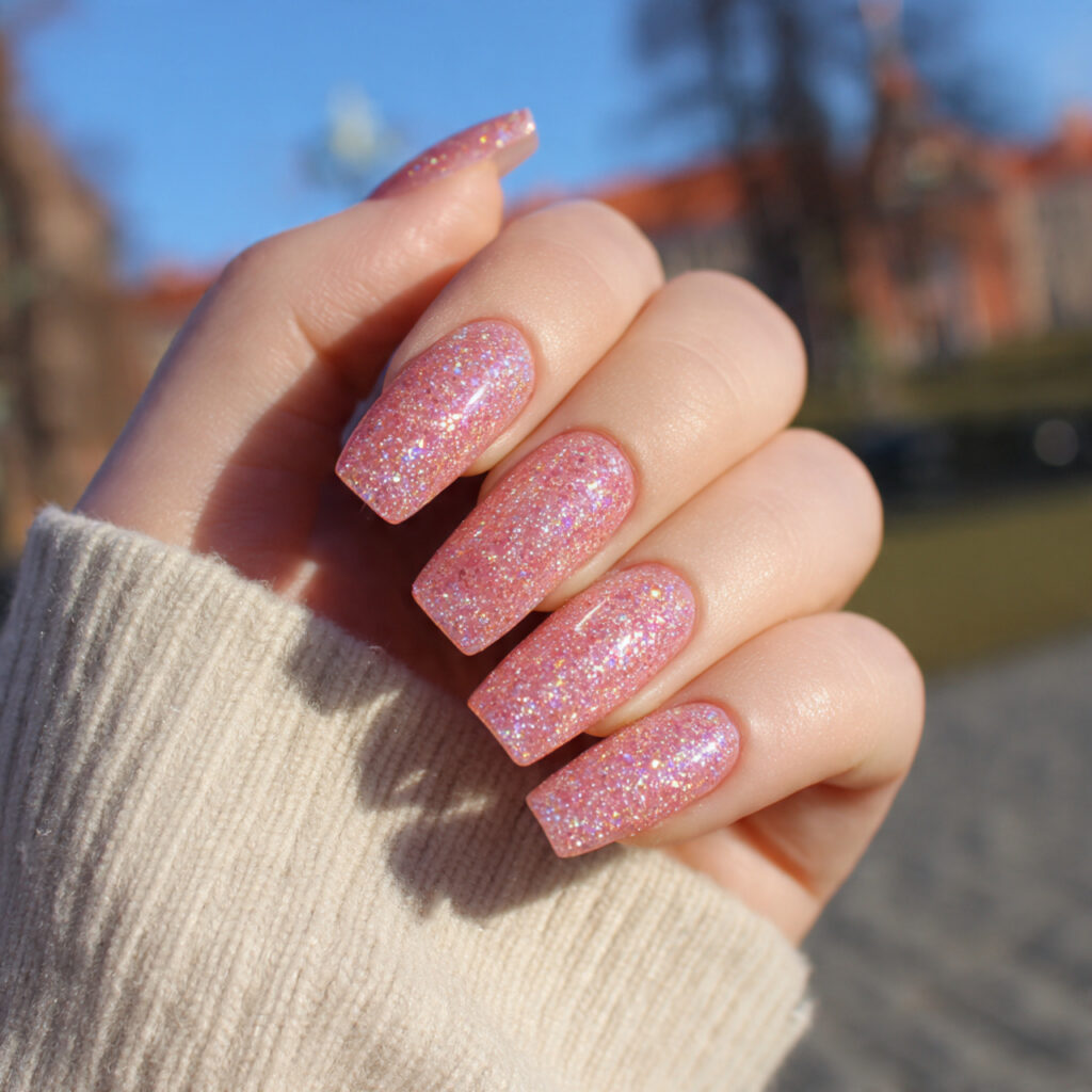 Pink Gel Nails: 12 Glossy, Dreamy & Totally Addictive 8 attractive pink glitter gel nails outdoor backgrou