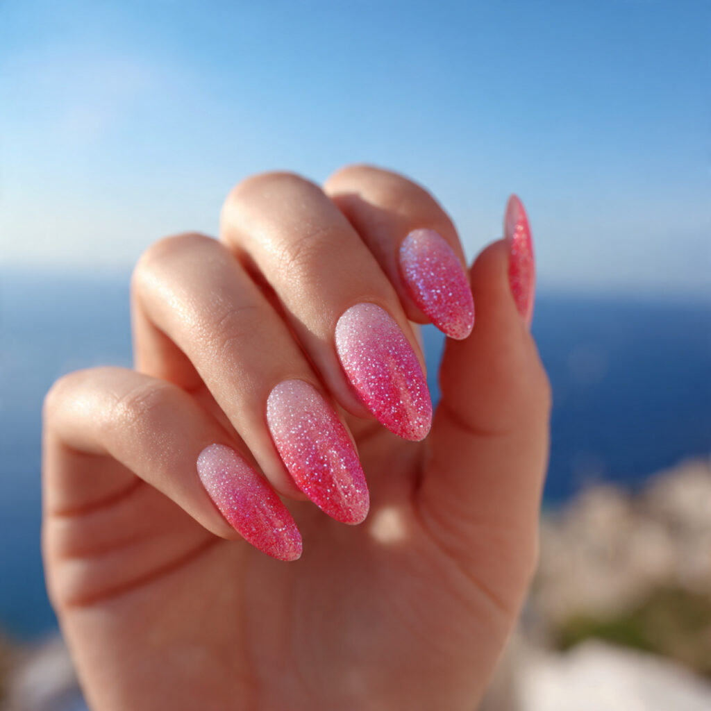 Pink Sparkle Nails: Soft Glam, Glossy Shine & Dreamy Glow 2 attractive pink glitter ombre nails with a glossy