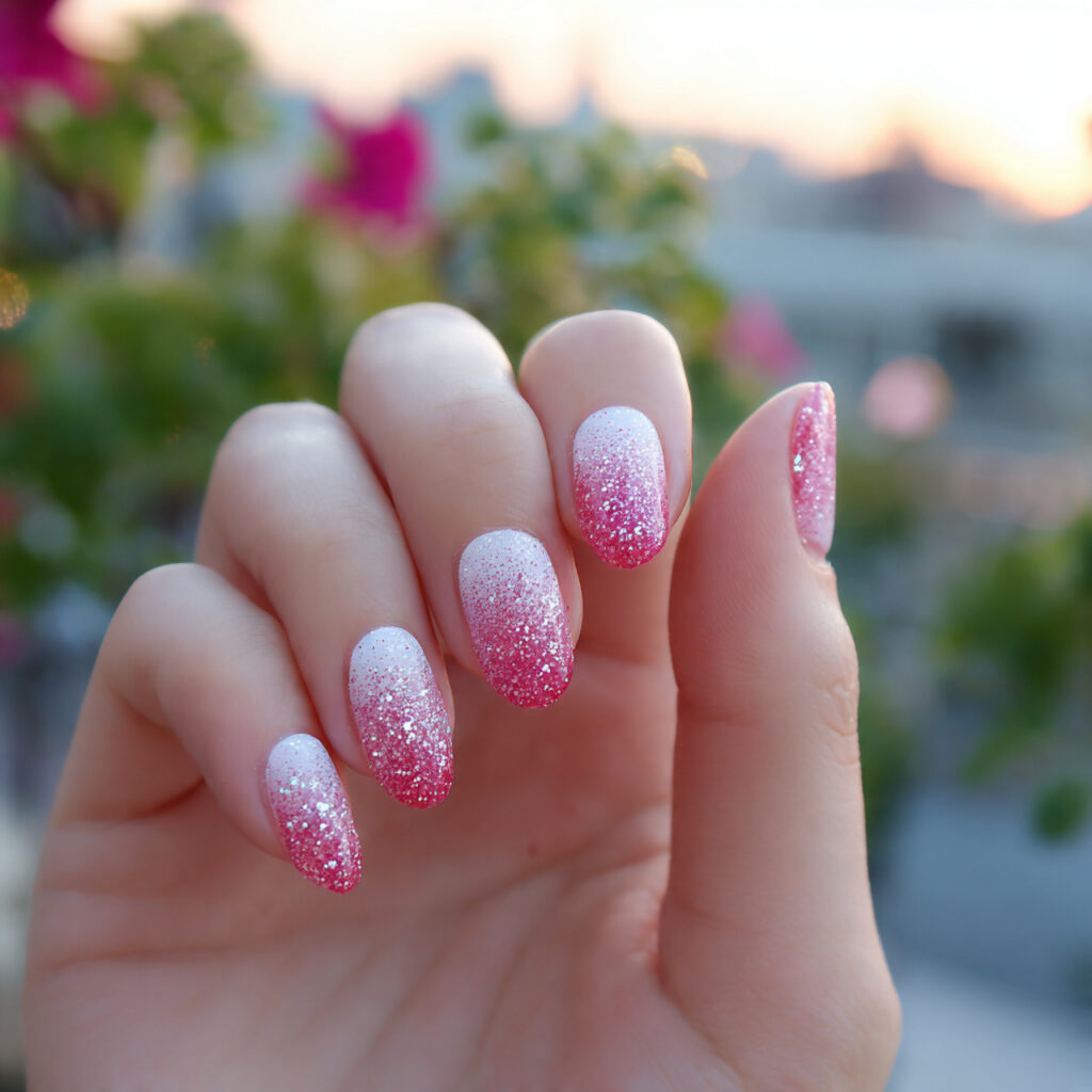 Pink Prom Nails: Dreamy, Glam & Unforgettable Looks for Your Big Night 5 attractive pink glitter ombre nails with outdoor b