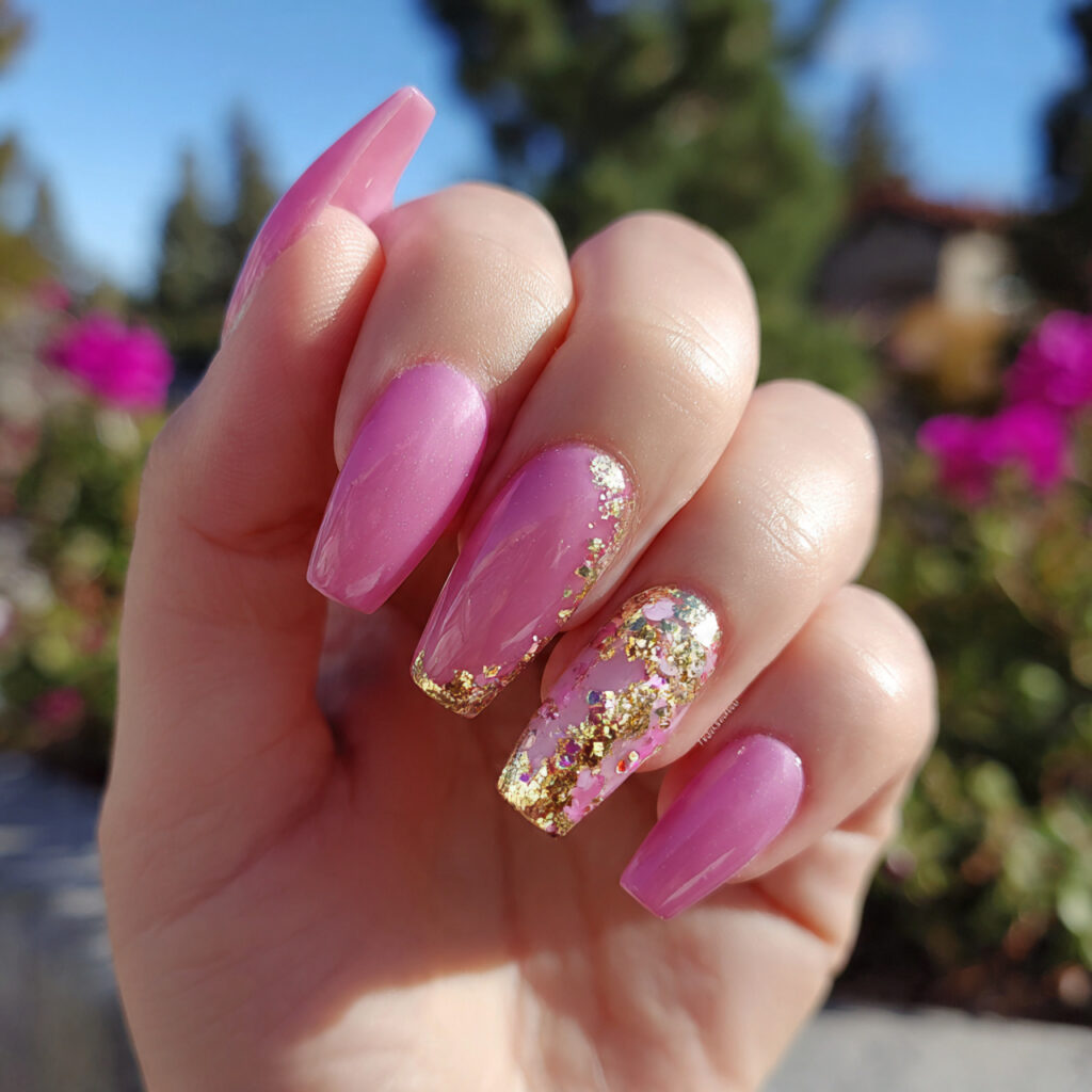 Pink Coffin Nails: 14 Dreamy & Trendy Designs You’ll Love 7 attractive pink gold accent coffin nails with outd