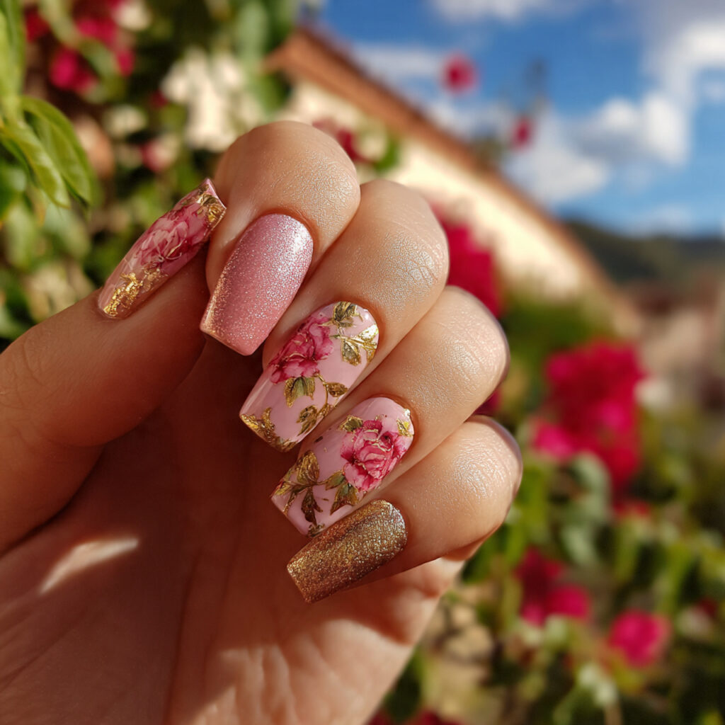 Pink Flower Nails: 14 Dreamy Designs You’ll Want to Save 9 attractive pink gold floral nails with outdoor bac