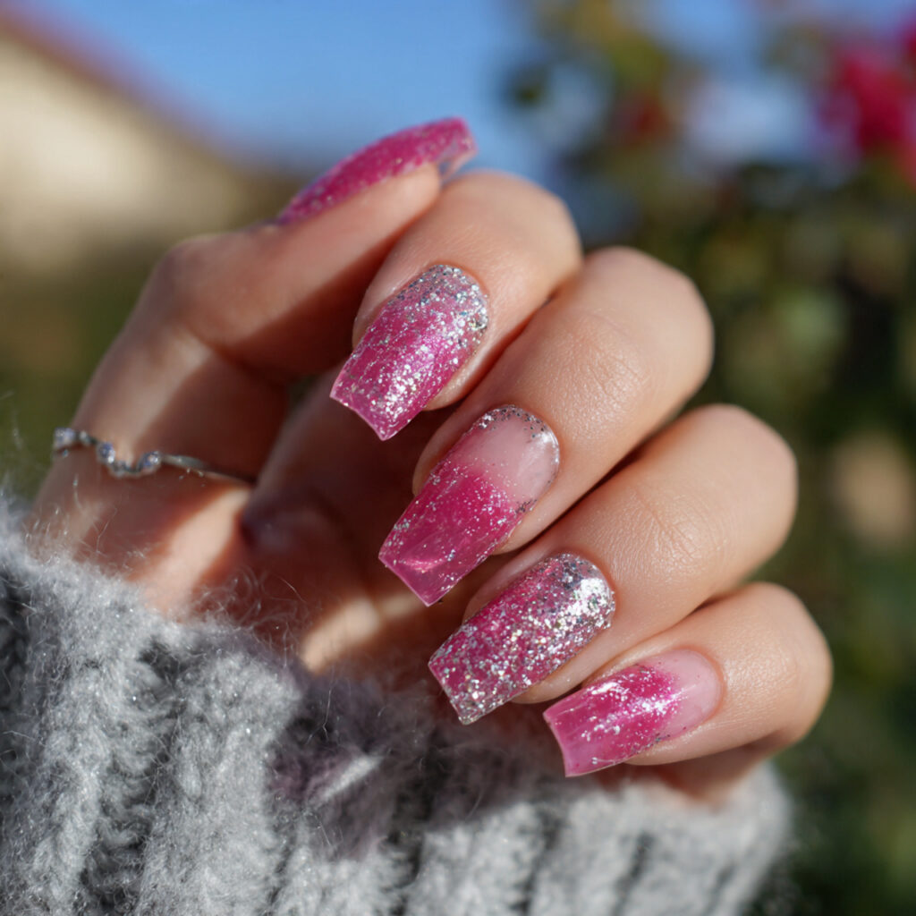 Pink and Silver Nails: Soft Glam Meets Sparkle 8 attractive pink jelly nails with silver glitter wi