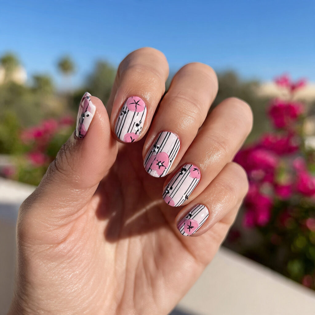 Nails Inspo Pink: The Dreamiest Looks You’ll Want to Copy 11 attractive pink line art nails with outdoor backgr 1