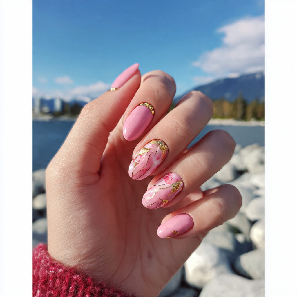 Pink Square Nails: 14 Clean Lines, Soft Energy & Endless Charm 13 attractive pink nails with gold accents with outdo