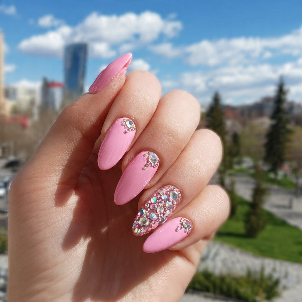 Pink Prom Nails: Dreamy, Glam & Unforgettable Looks for Your Big Night 3 attractive pink nails with rhinestones with outdoo 1