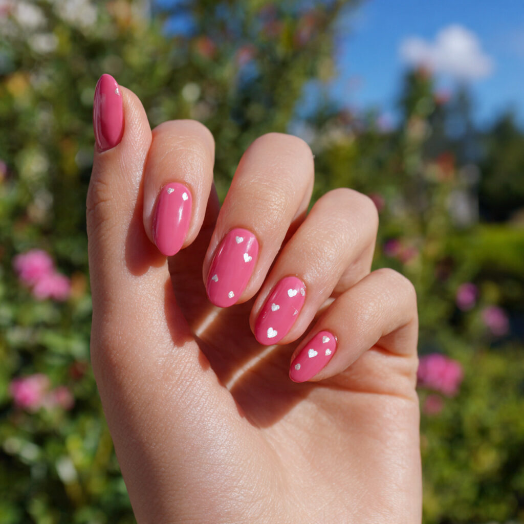 attractive pink nails with tiny heart accents with