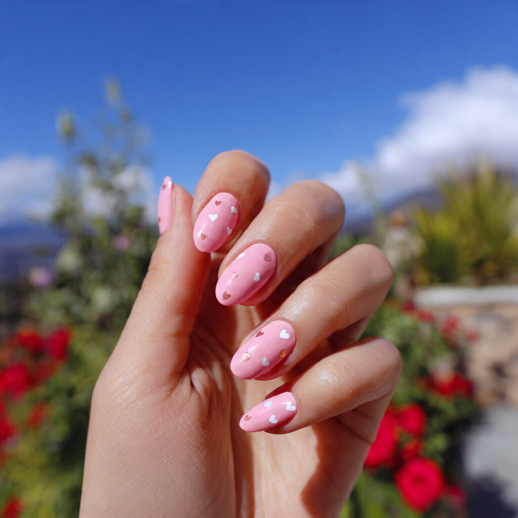 Pink Square Nails: 14 Clean Lines, Soft Energy & Endless Charm 7 attractive pink nails with tiny hearts with outdoo