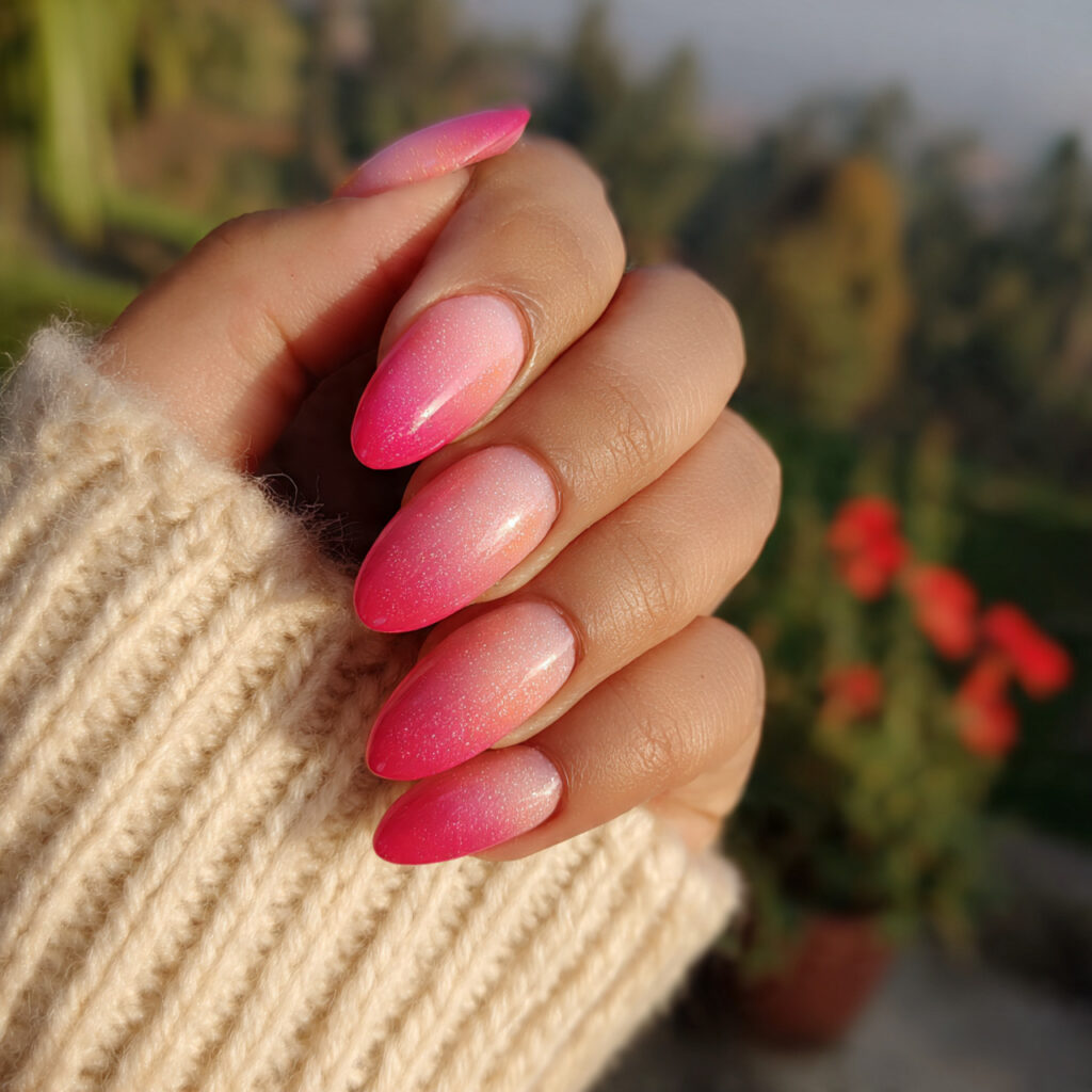 attractive pink ombre almond nails with outdoor ba 1